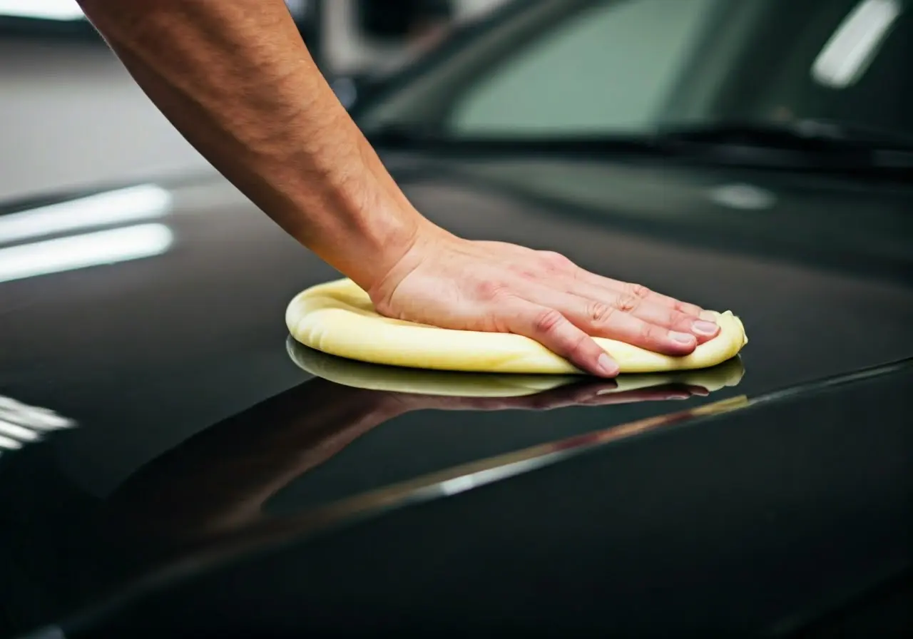 Close-up of a hand applying wax on a car’s hood. 35mm stock photo