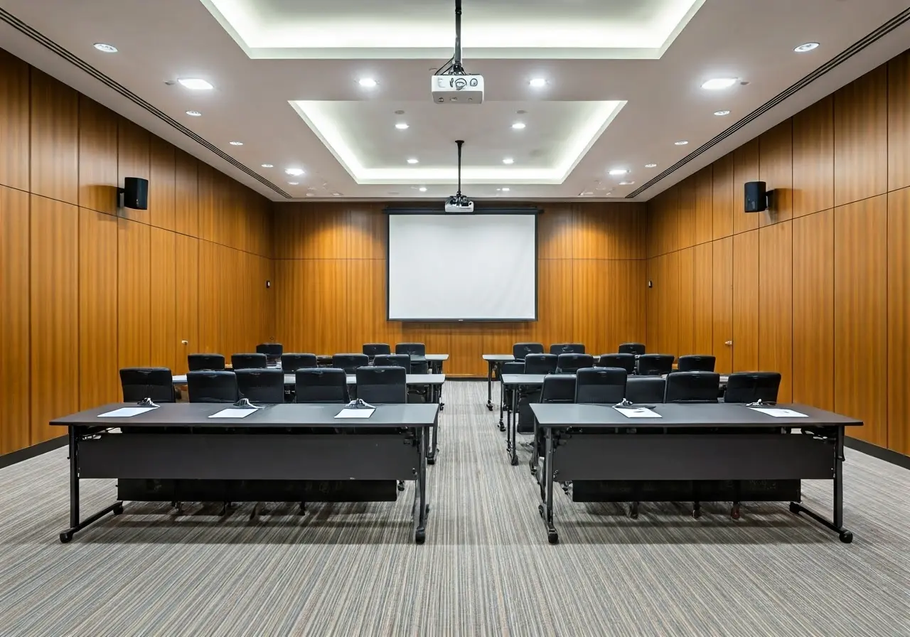 A modern conference room equipped with advanced audio-visual technology. 35mm stock photo