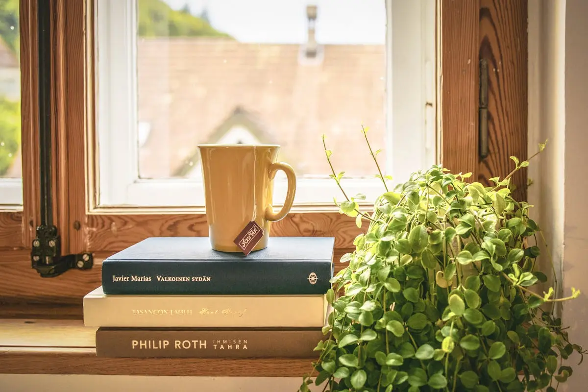 A warm scene featuring a mug and books by a sunny window, perfect for relaxation and reading.