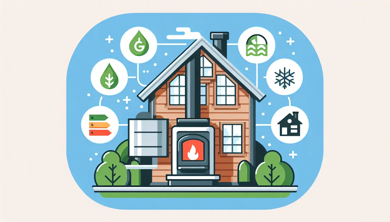 Draw a graphic in flat design style. A flat design illustration of a cozy North Georgian home with a well-maintained furnace emitting warmth, surrounded by icons representing energy savings, improved air quality, and increased safety.