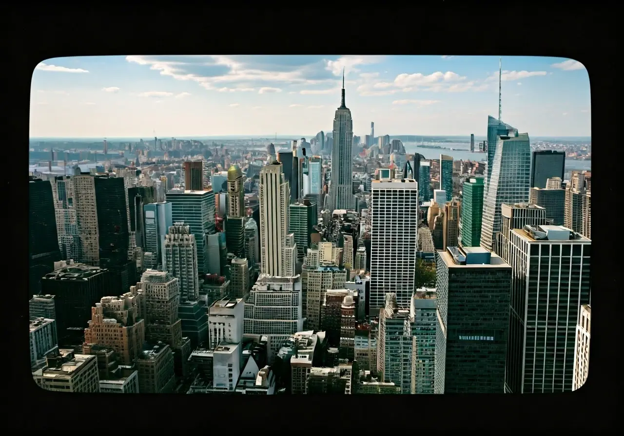 Aerial view of New York City skyline with skyscrapers. 35mm stock photo