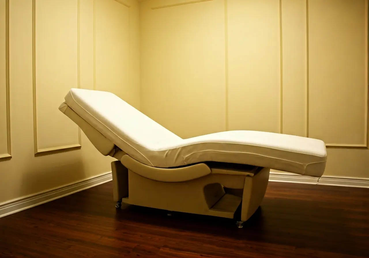 A serene bedroom with a luxurious, adjustable therapy bed. 35mm stock photo