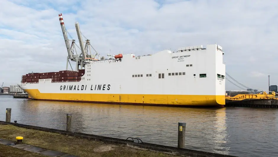 Container ship docked at Hamburg Port, showcasing global trade and shipping industry.