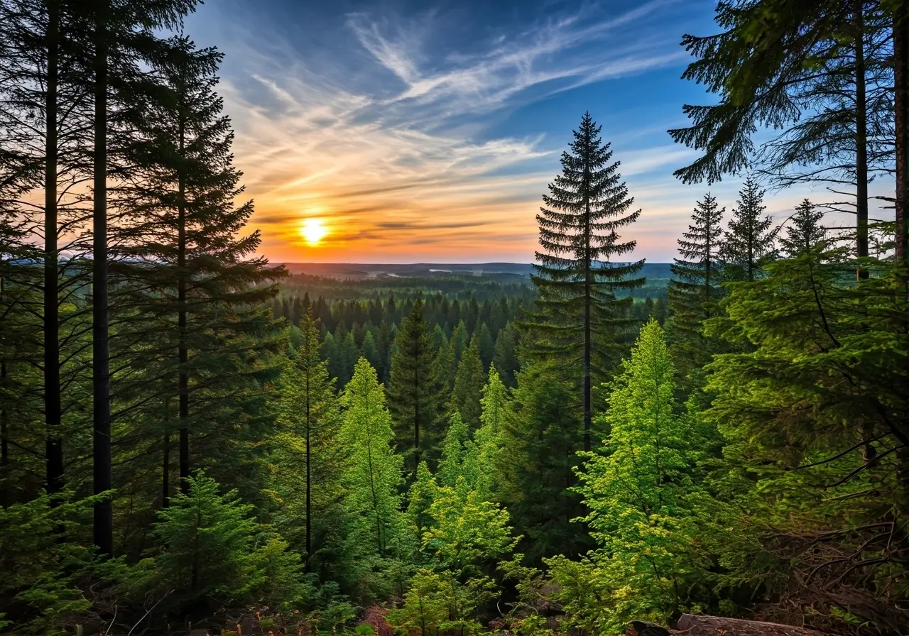 A sunrise over a vibrant, green forest landscape. 35mm stock photo