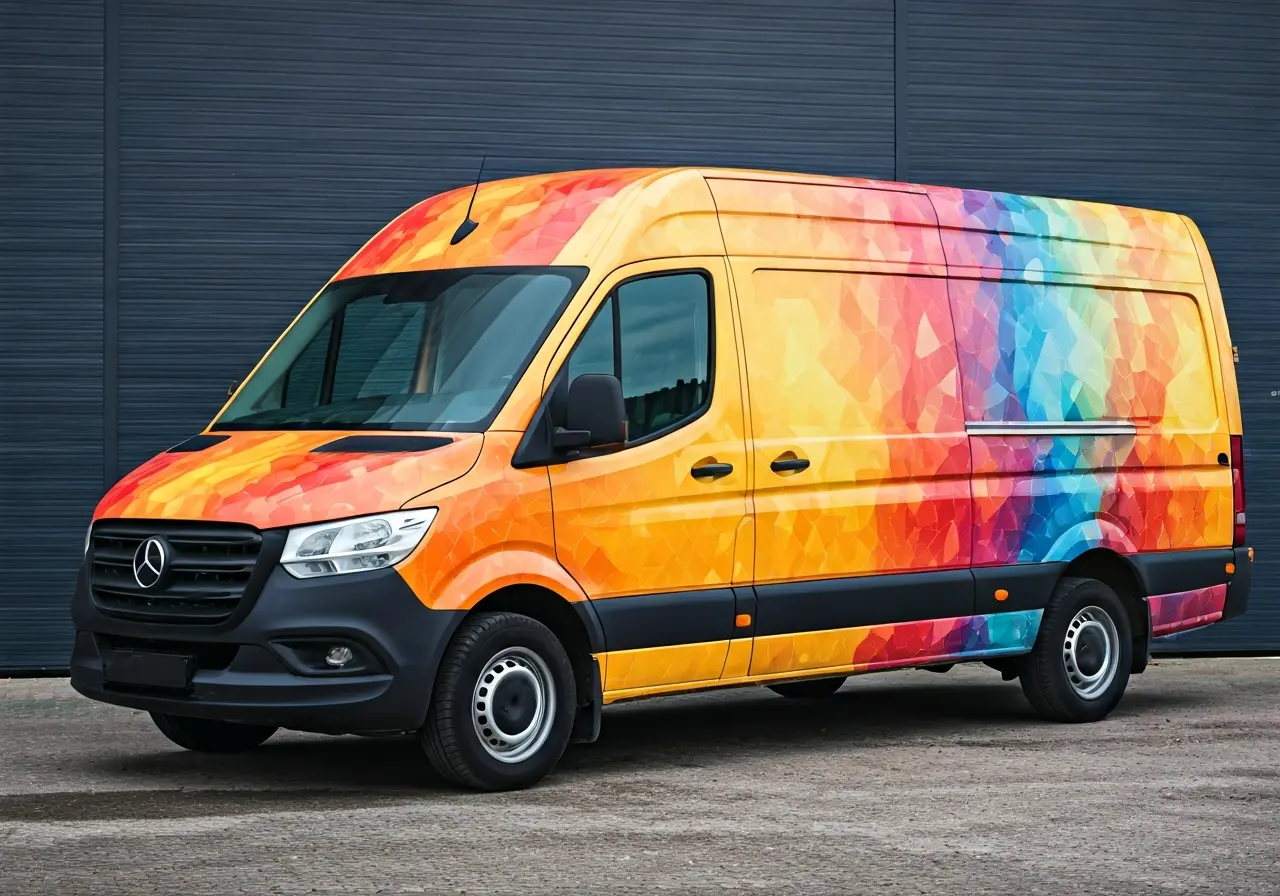 A vibrant delivery van featuring colorful brand wrap design. 35mm stock photo