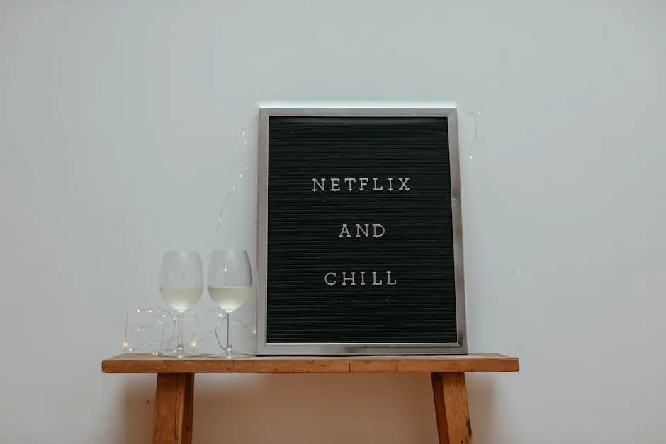 Minimalist scene with a ‘Netflix and Chill’ board and wine glasses on a wooden stool.