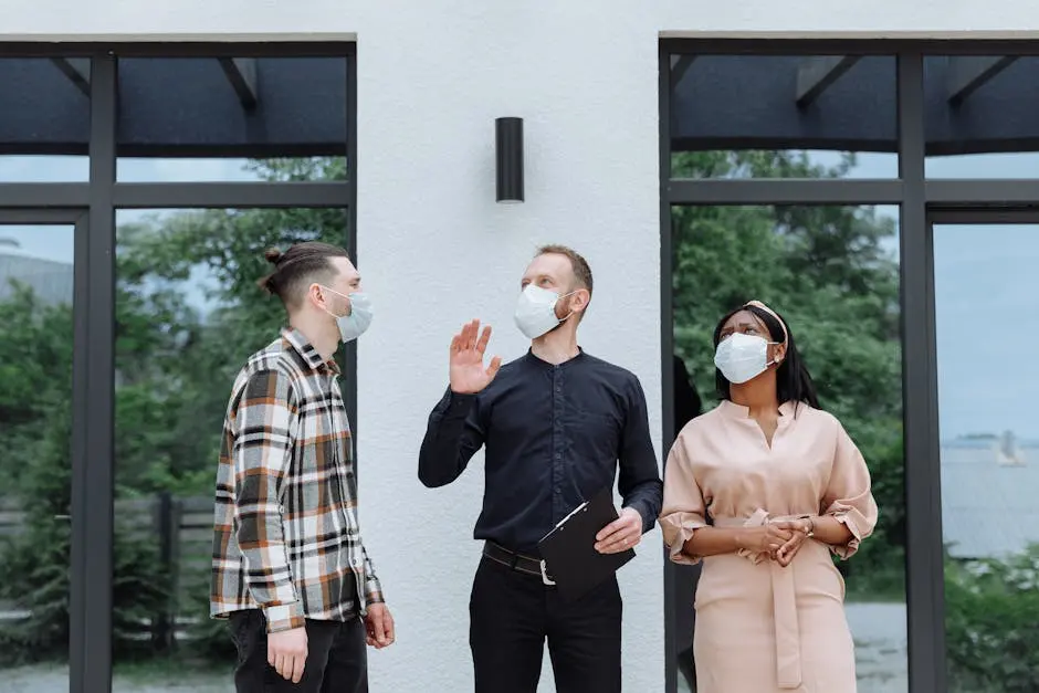 Real estate agent conducting a home tour with clients, all wearing masks for safety.