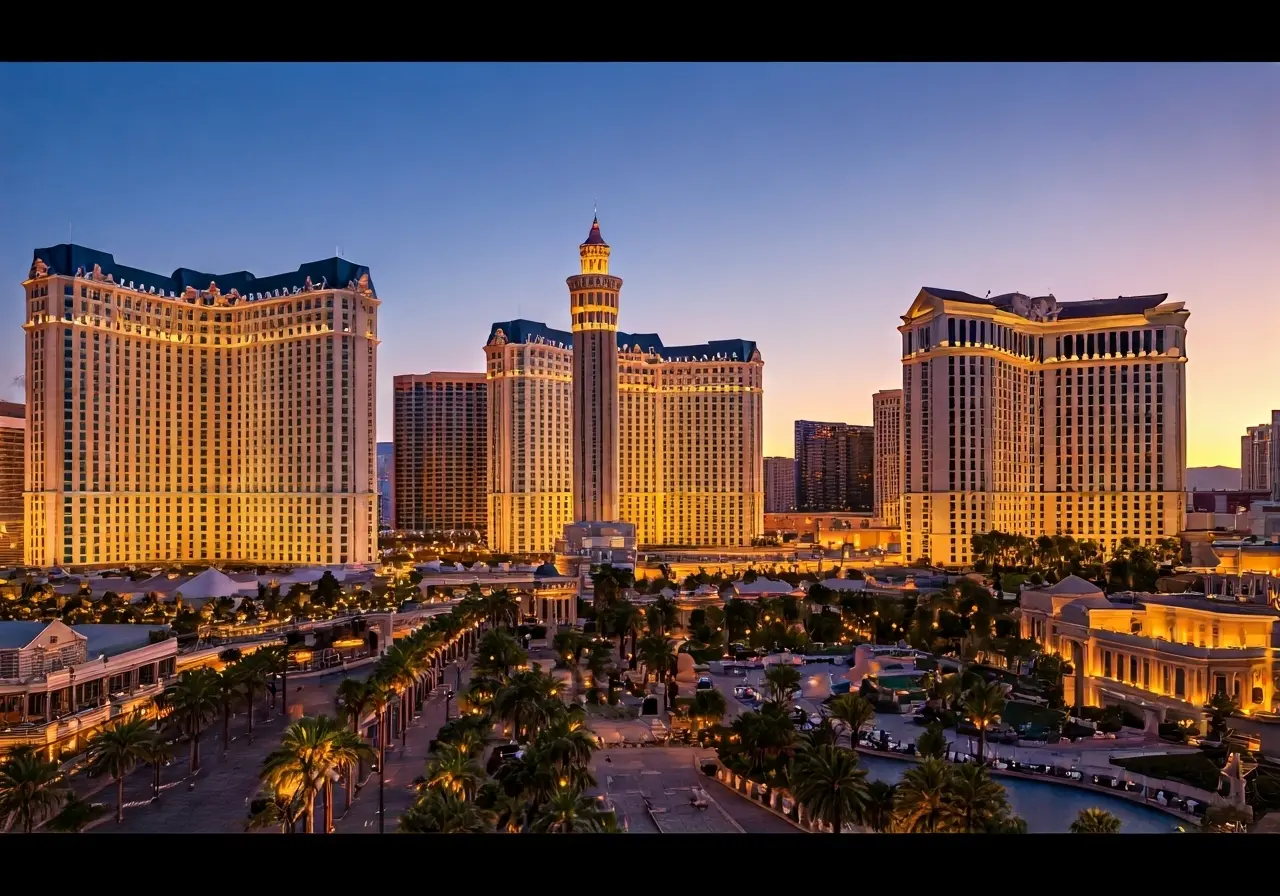 A vibrant Las Vegas skyline at sunset. 35mm stock photo
