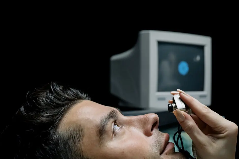 Close-up of a man during an eye examination using advanced medical technology scanner.