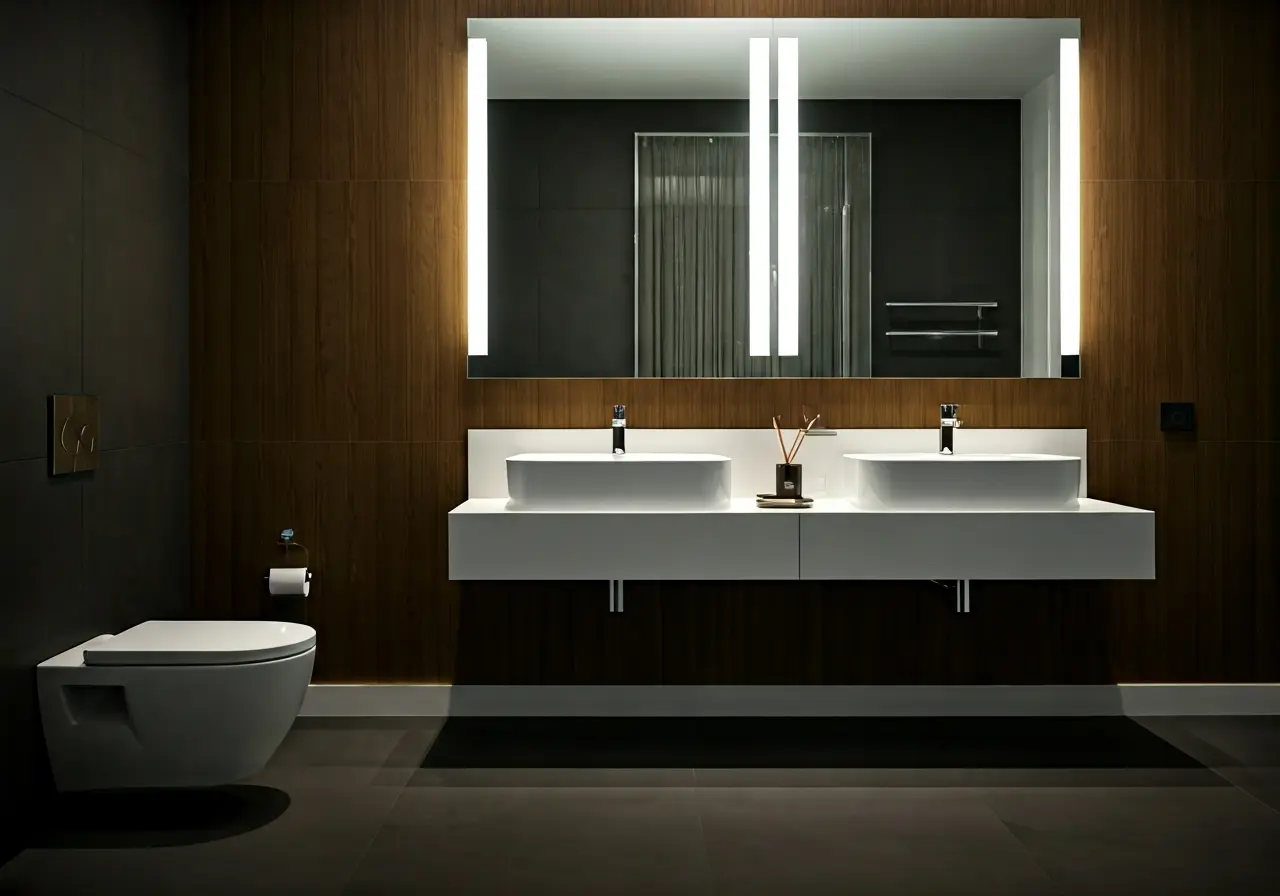 A modern bathroom showcasing sleek fixtures and innovative lighting. 35mm stock photo
