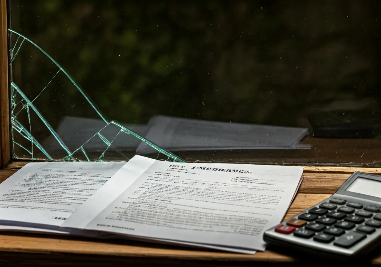 A broken window with insurance documents and a calculator nearby. 35mm stock photo