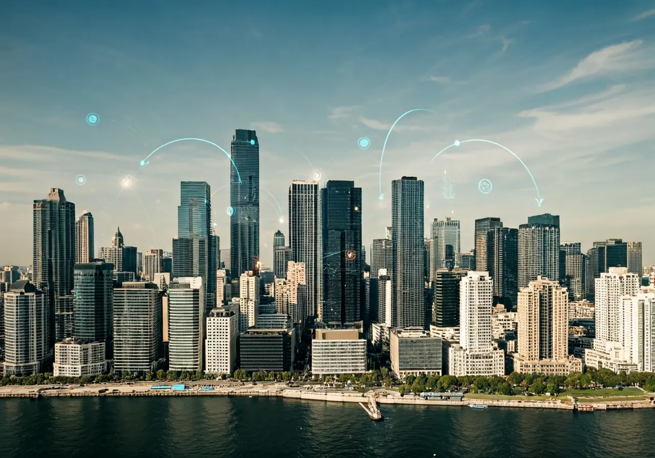 A city skyline with technology-themed overlays and connections. 35mm stock photo