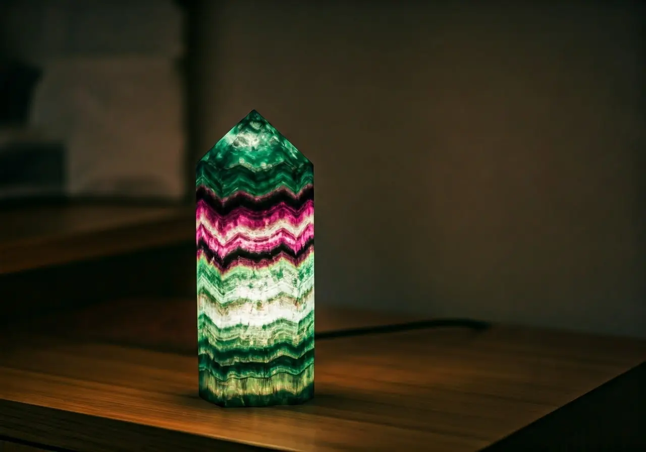 A glowing fluorite crystal lamp on a wooden bedside table. 35mm stock photo