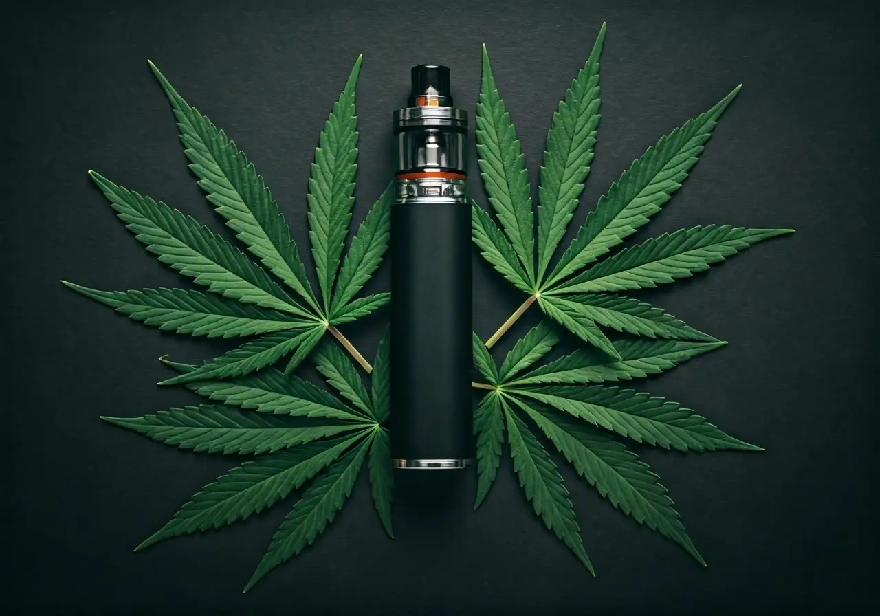 A sleek vape pen surrounded by cannabis leaves. 35mm stock photo
