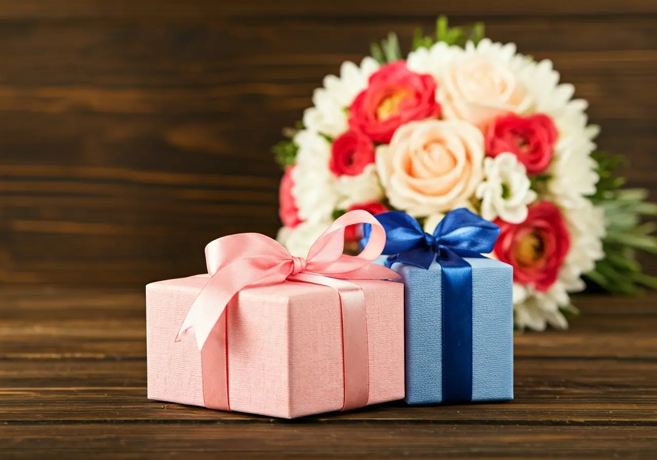 Elegant gift boxes with ribbon beside a bouquet of flowers. 35mm stock photo