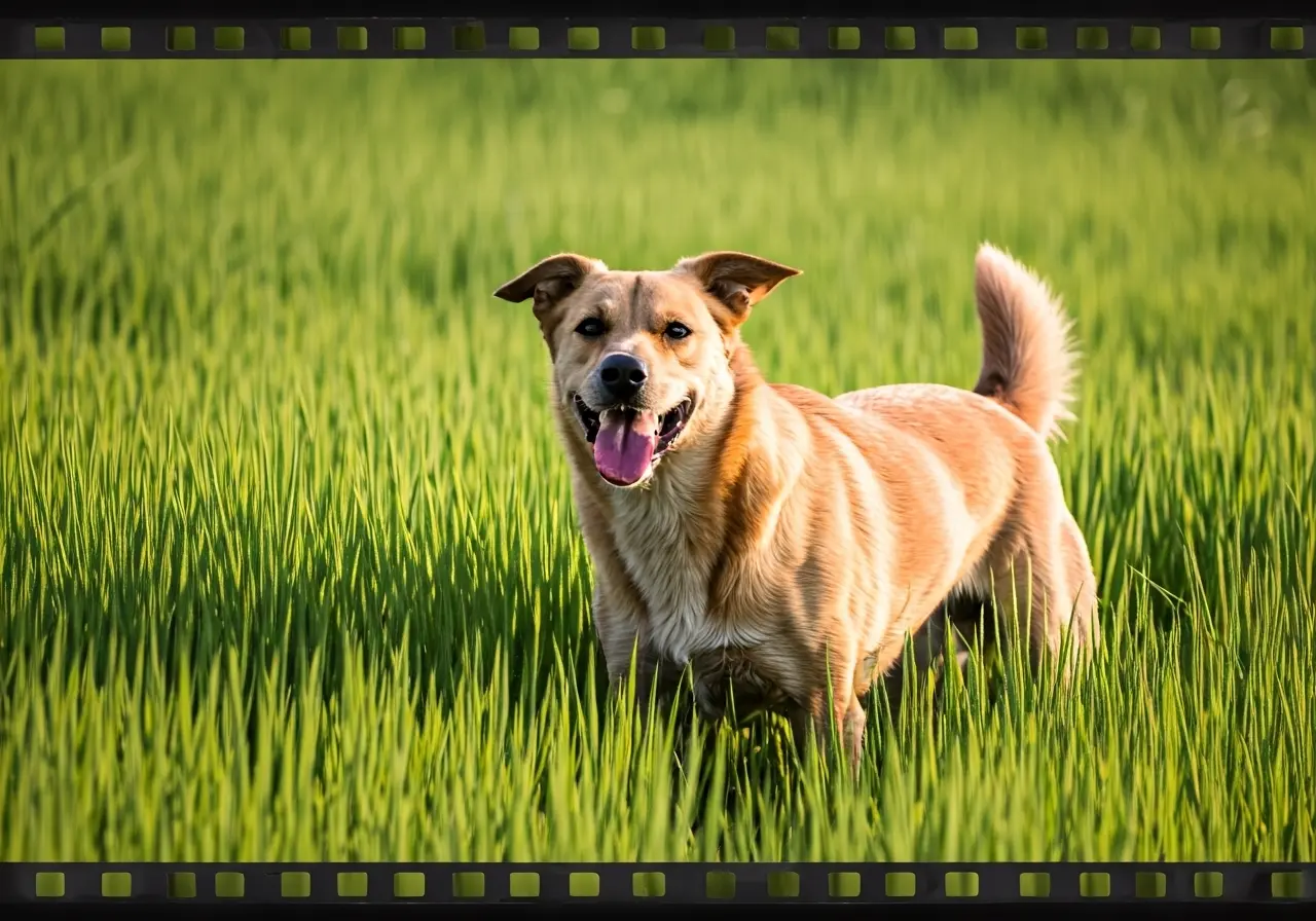 A happy dog playing in a lush green field. 35mm stock photo