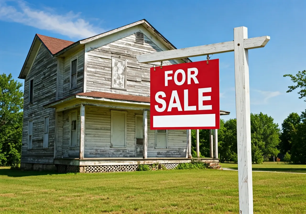 A For Sale sign in front of a distressed house. 35mm stock photo