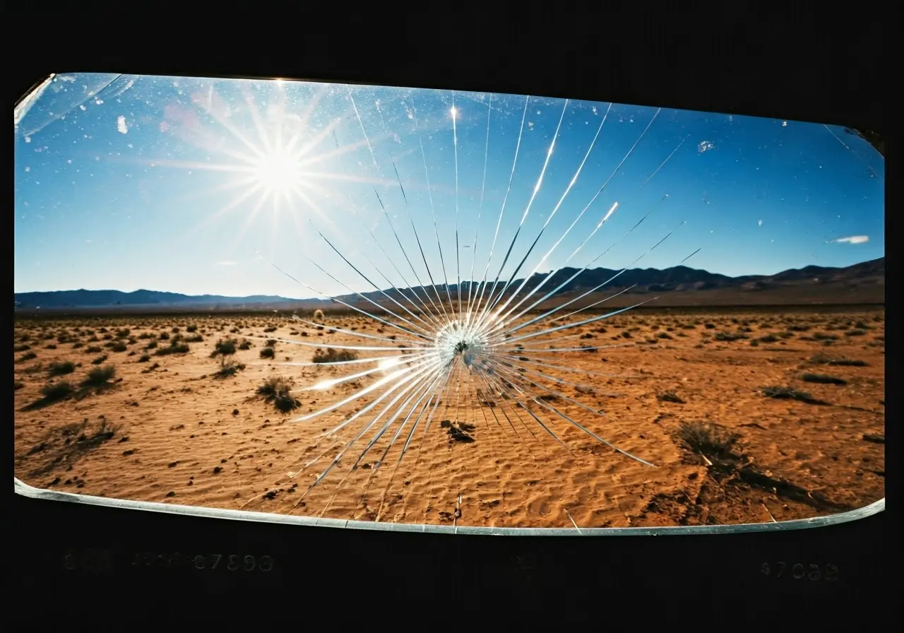 A cracked windshield reflecting sunlight in a desert landscape. 35mm stock photo