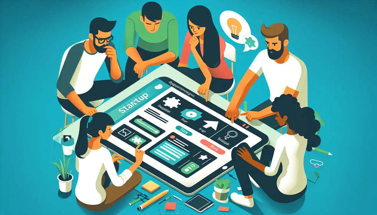 Draw a graphic in flat design style. A group of diverse app developers collaborating around a large, digital tablet displaying a startup mobile app interface.