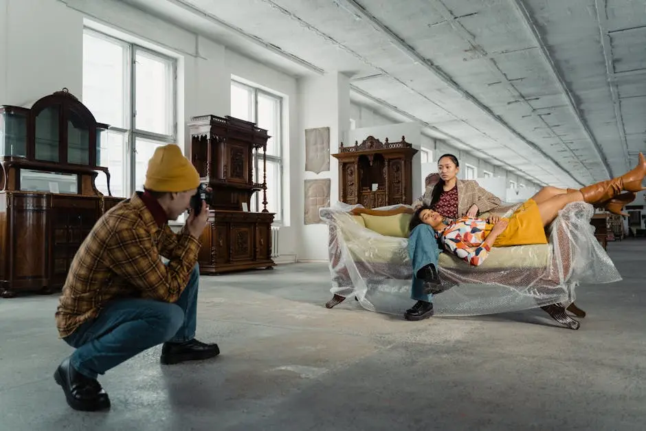 A photographer captures a styled photoshoot with models in a vintage furniture store.