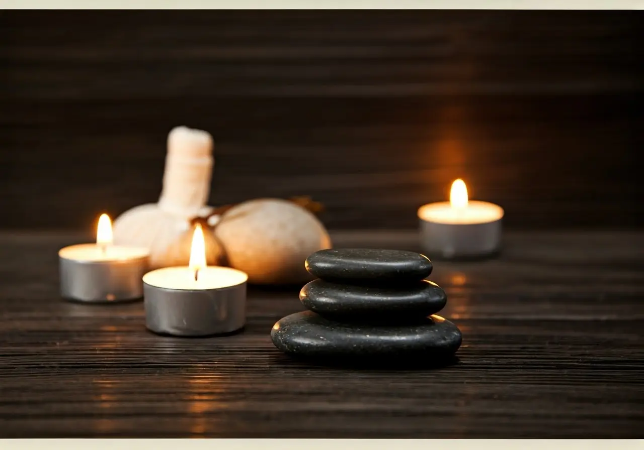 Elegant spa setting with calming candles and smooth stones. 35mm stock photo