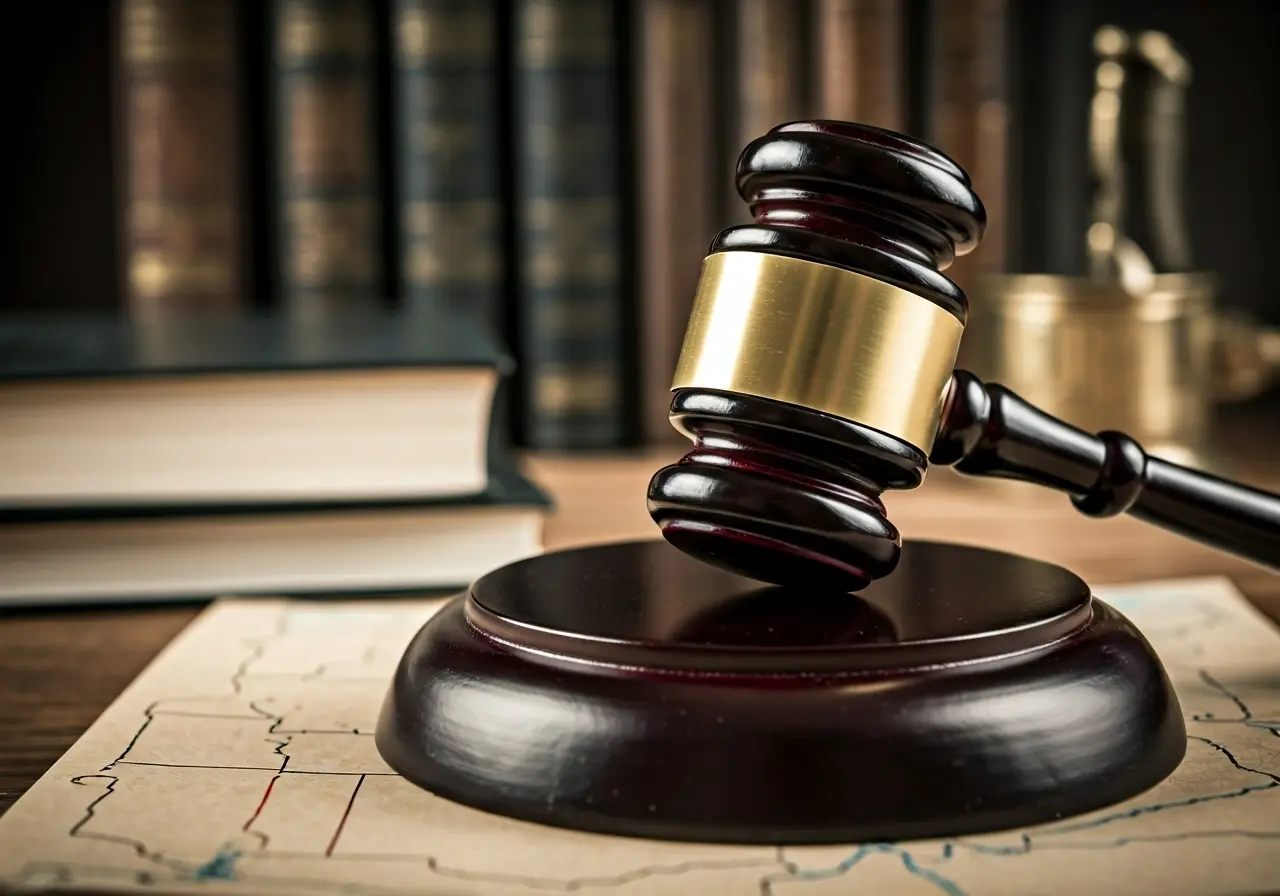 Gavel resting on Ohio state map with law books nearby. 35mm stock photo