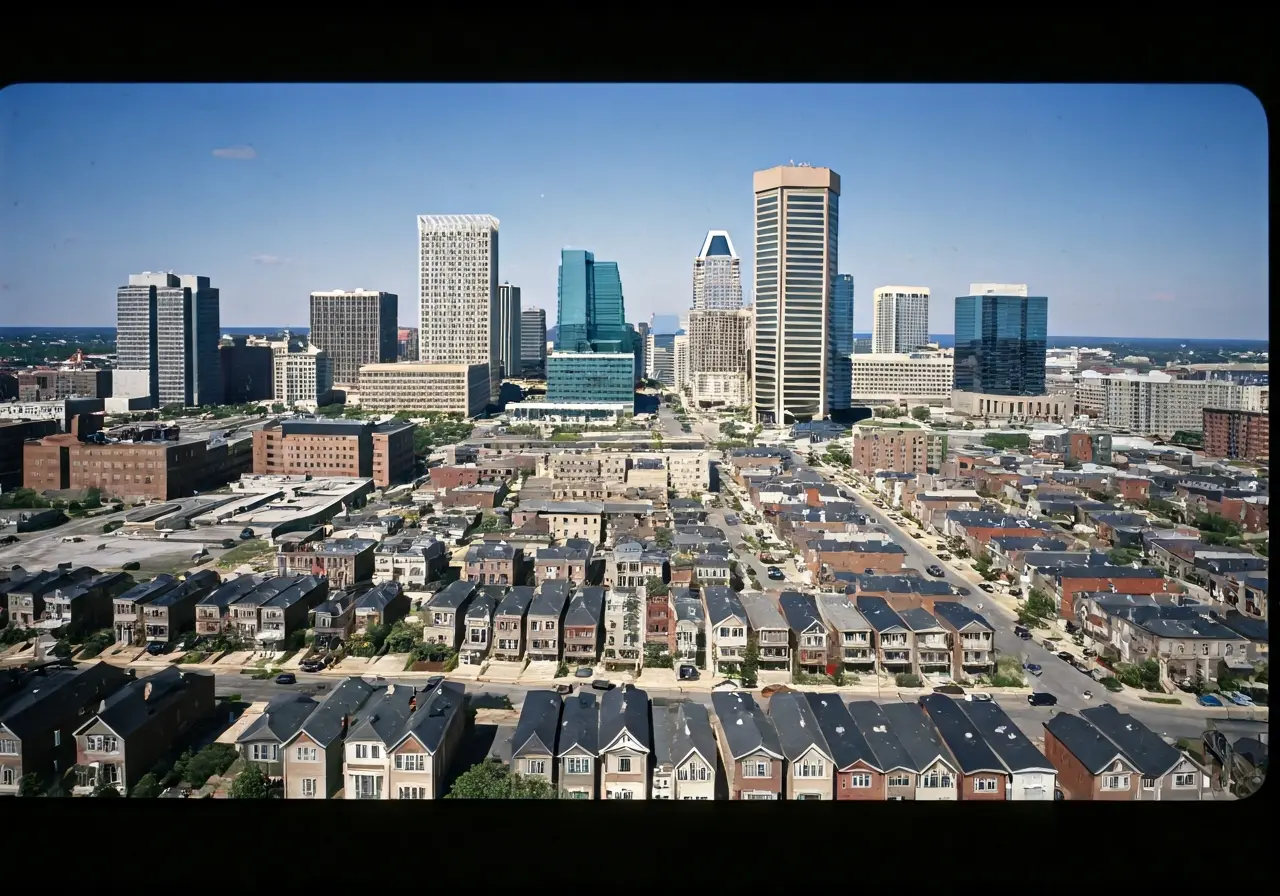 Aerial view of Baltimore skyline with houses in foreground. 35mm stock photo