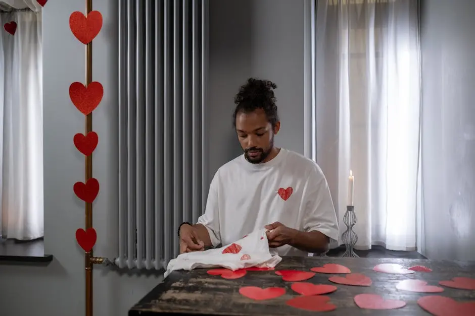 A man sewing heart decorations at a table, creating a cozy indoor atmosphere.