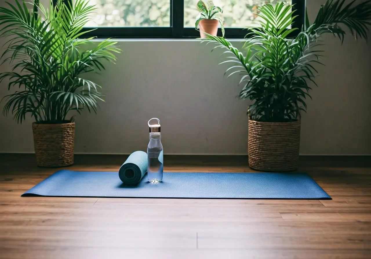 A serene yoga mat with a water bottle and plants. 35mm stock photo