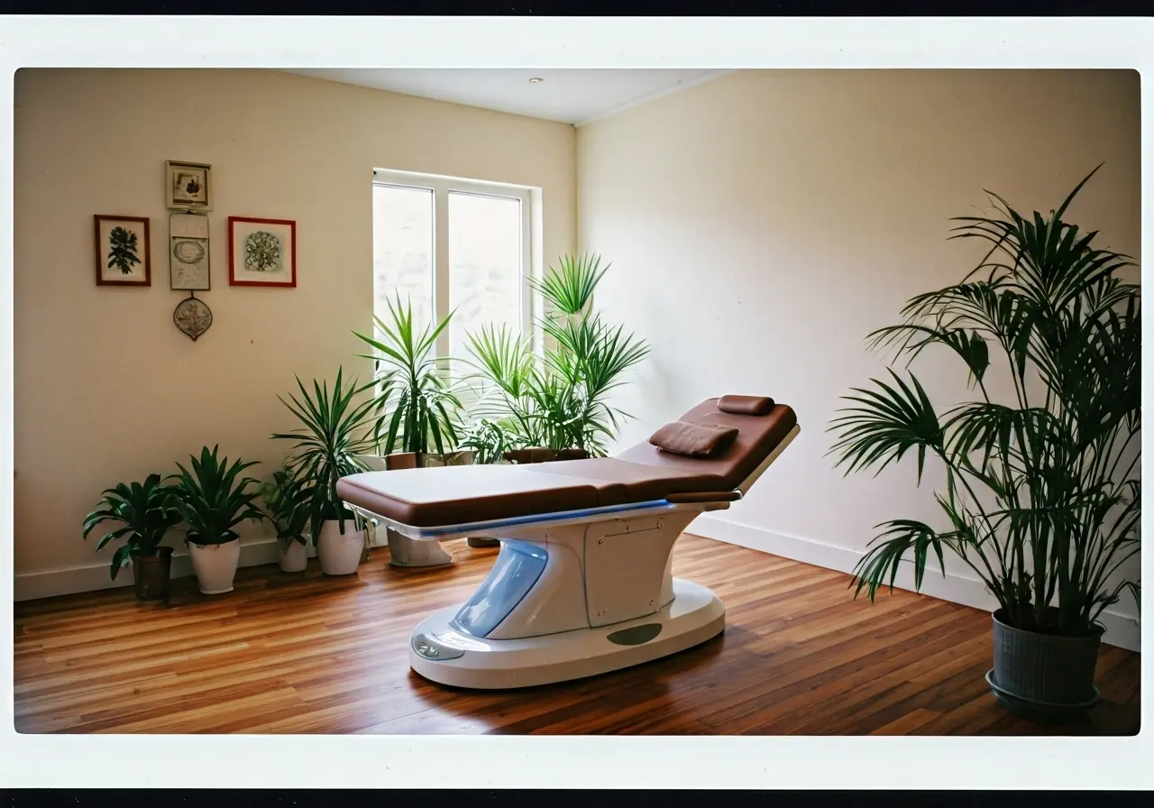 A serene room with a futuristic therapy bed and plants. 35mm stock photo