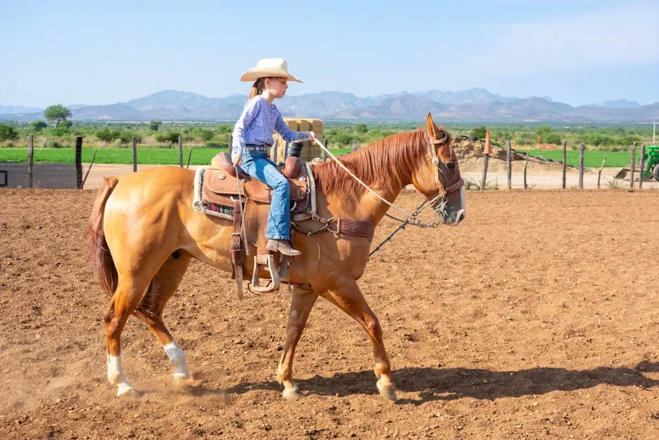 A young girl riding a horse on a sunny day at a farm with mountains in the background.