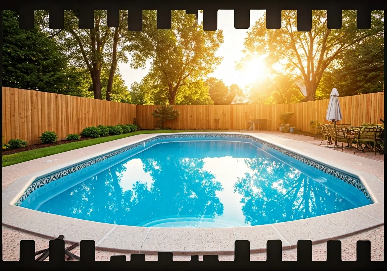A sunlit backyard showcasing a pristine fiberglass pool. 35mm stock photo