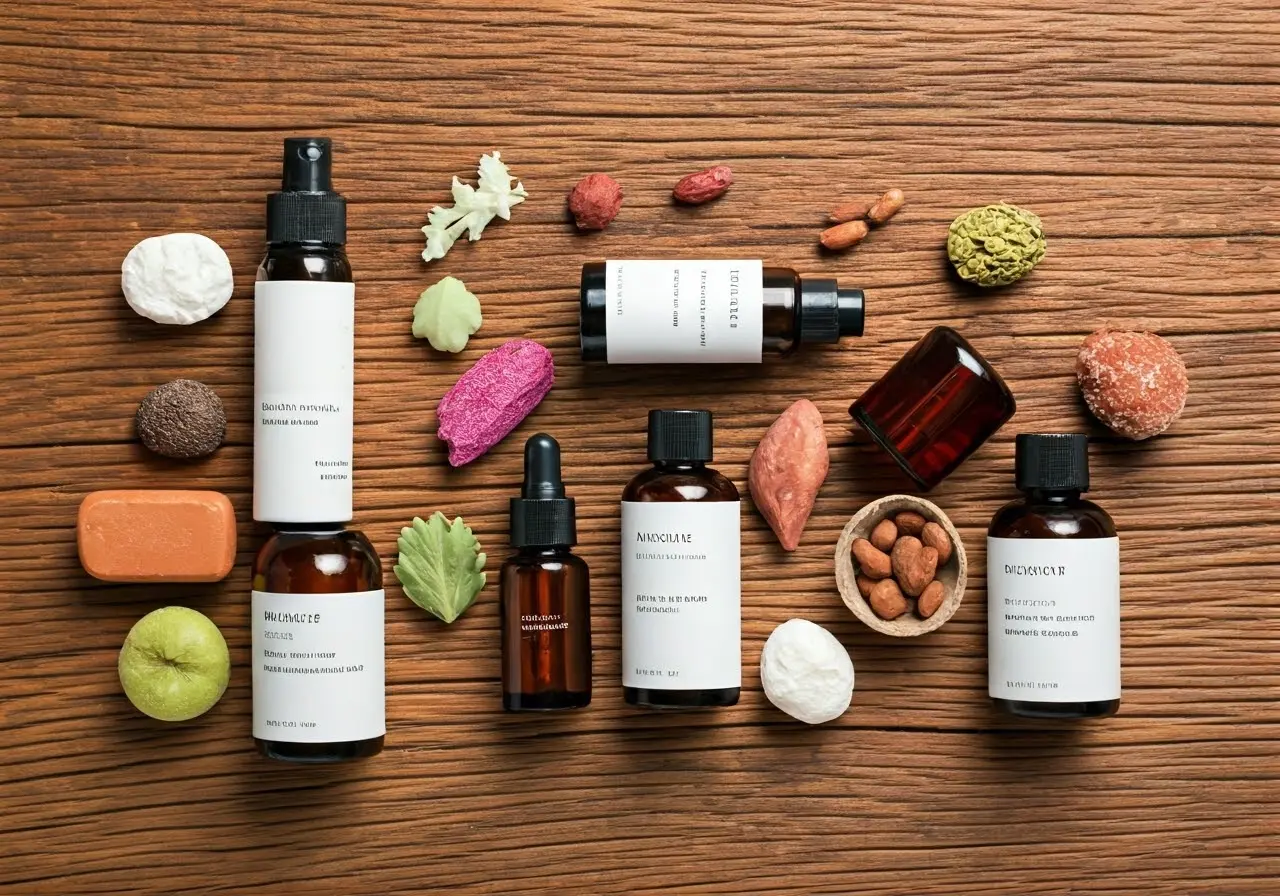 A vibrant display of natural vegan skincare products on wood. 35mm stock photo