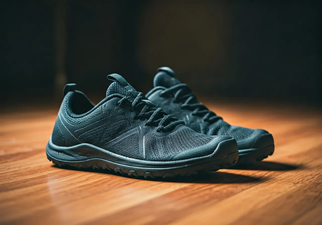 A pair of minimalist hiking shoes on a wooden floor. 35mm stock photo
