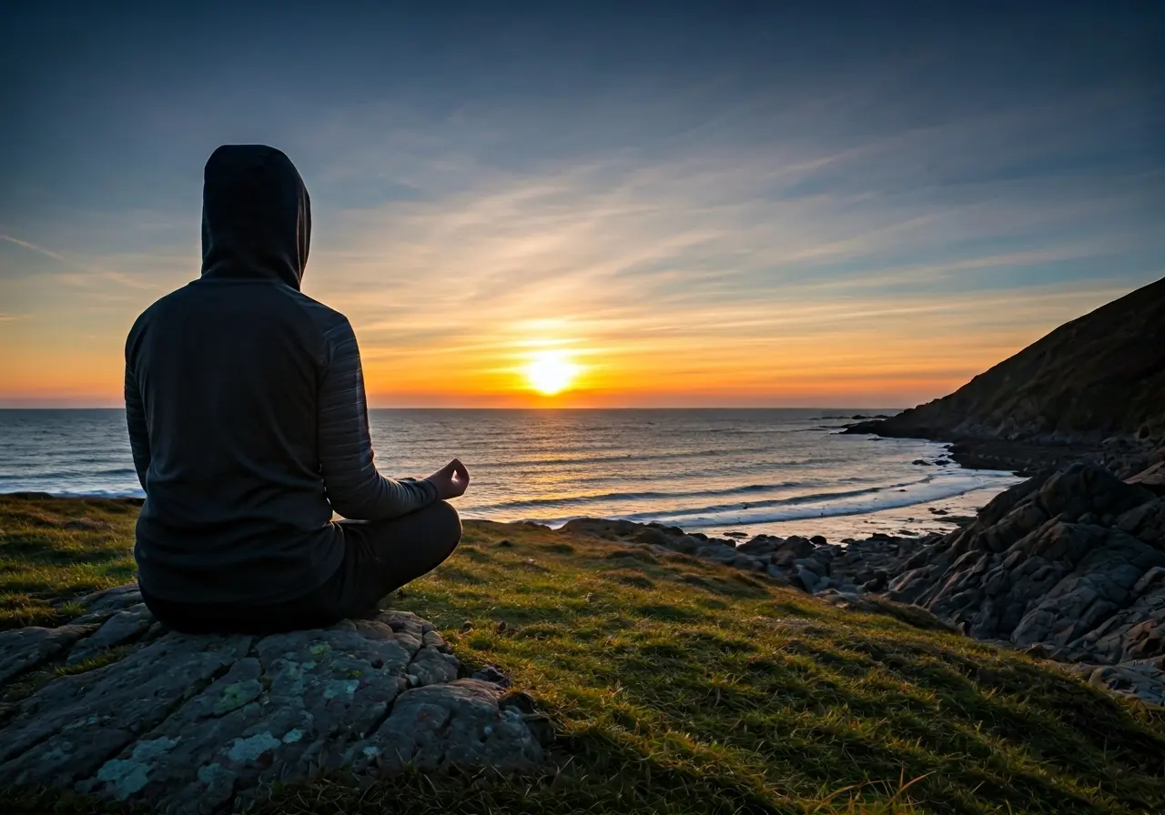 A serene landscape with a meditating person at sunrise. 35mm stock photo