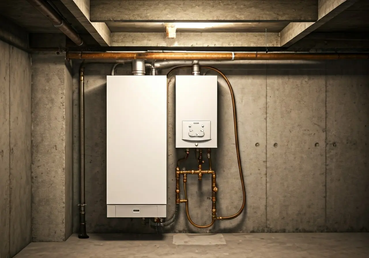 A modern boiler being installed in a tidy basement. 35mm stock photo