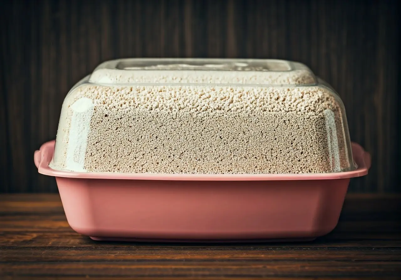 A close-up of a disposable litter box with colorful packaging. 35mm stock photo