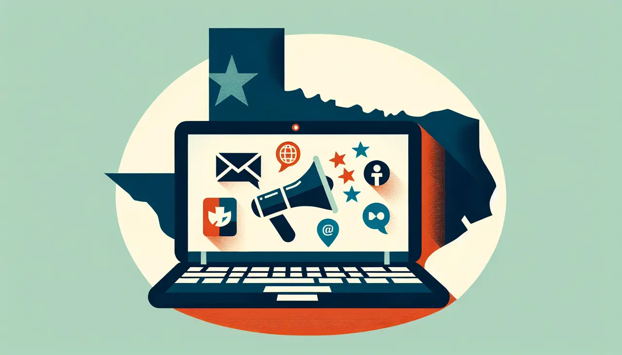 Draw a graphic in flat design style. An image of a laptop displaying various digital marketing icons like a megaphone, email, and social media symbols, set against a silhouette of the Texas state outline in flat design style.