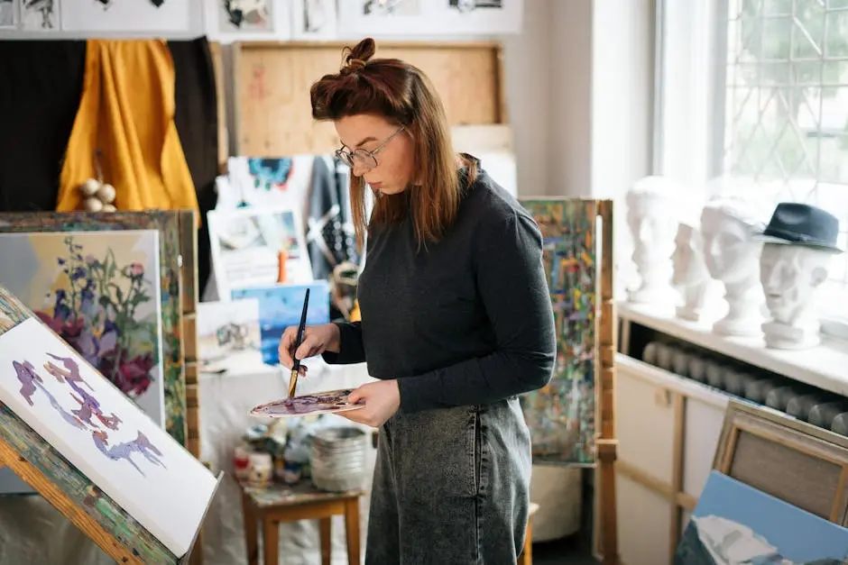Woman artist painting on canvas in a bright, sunlit studio. Creative and focused atmosphere.