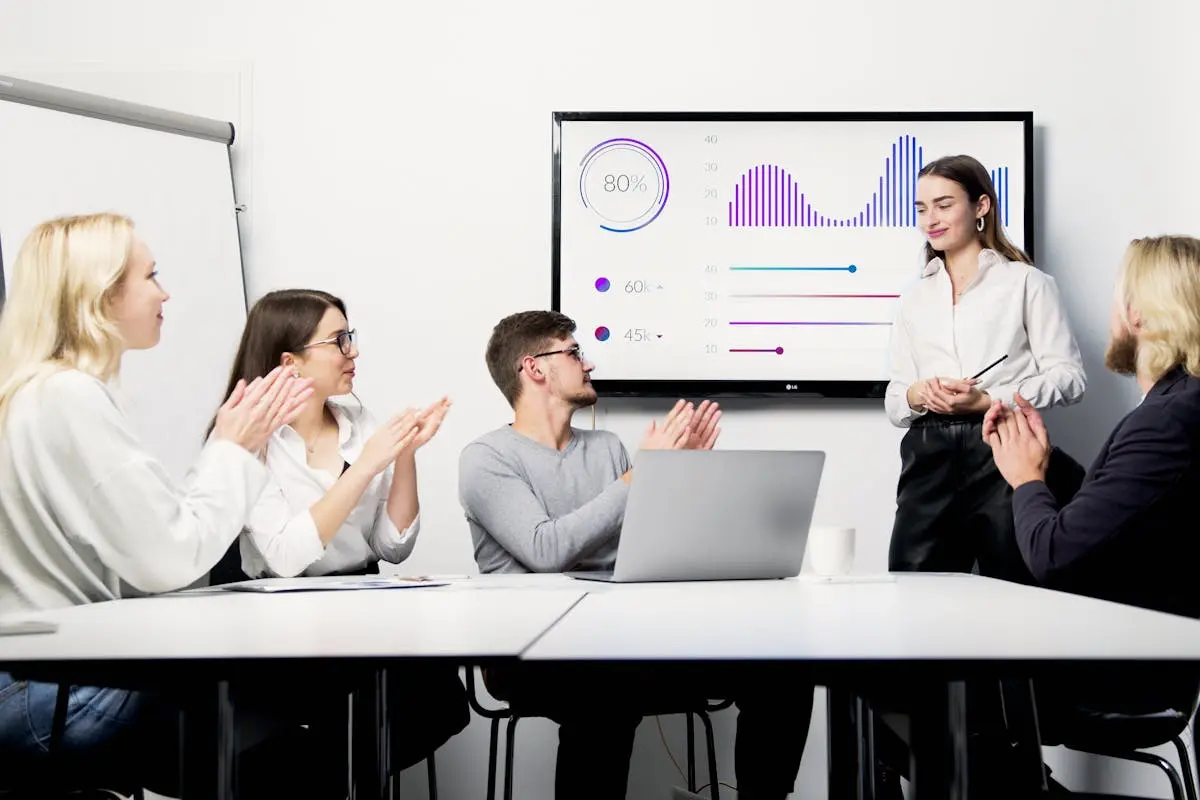 Professional presentation with team clapping and discussing data charts.