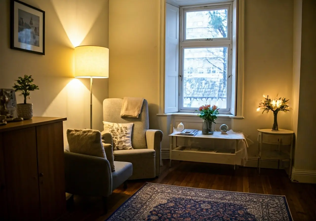 A serene therapist’s office with cozy, inviting decor. 35mm stock photo