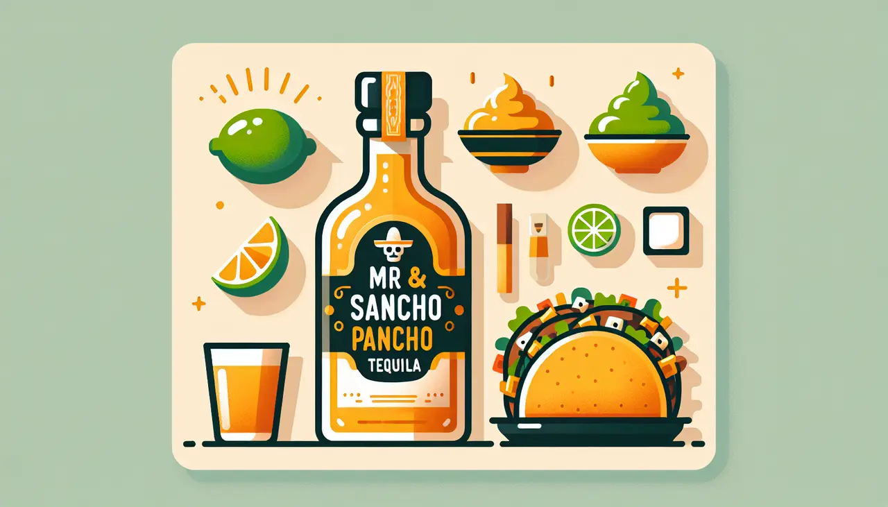 Draw a graphic in flat design style. A sleek, flat design illustration featuring a bottle of Mr. Sancho Pancho Tequila alongside an assortment of food items like tacos, lime wedges, and a bowl of guacamole, set on a minimalistic background.
