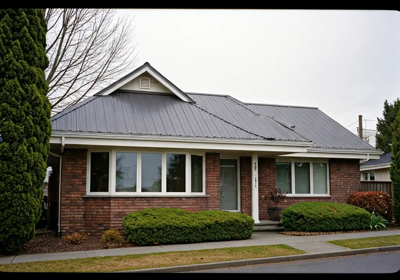 A house in Lynnwood with steel roof and shingle roof. 35mm stock photo