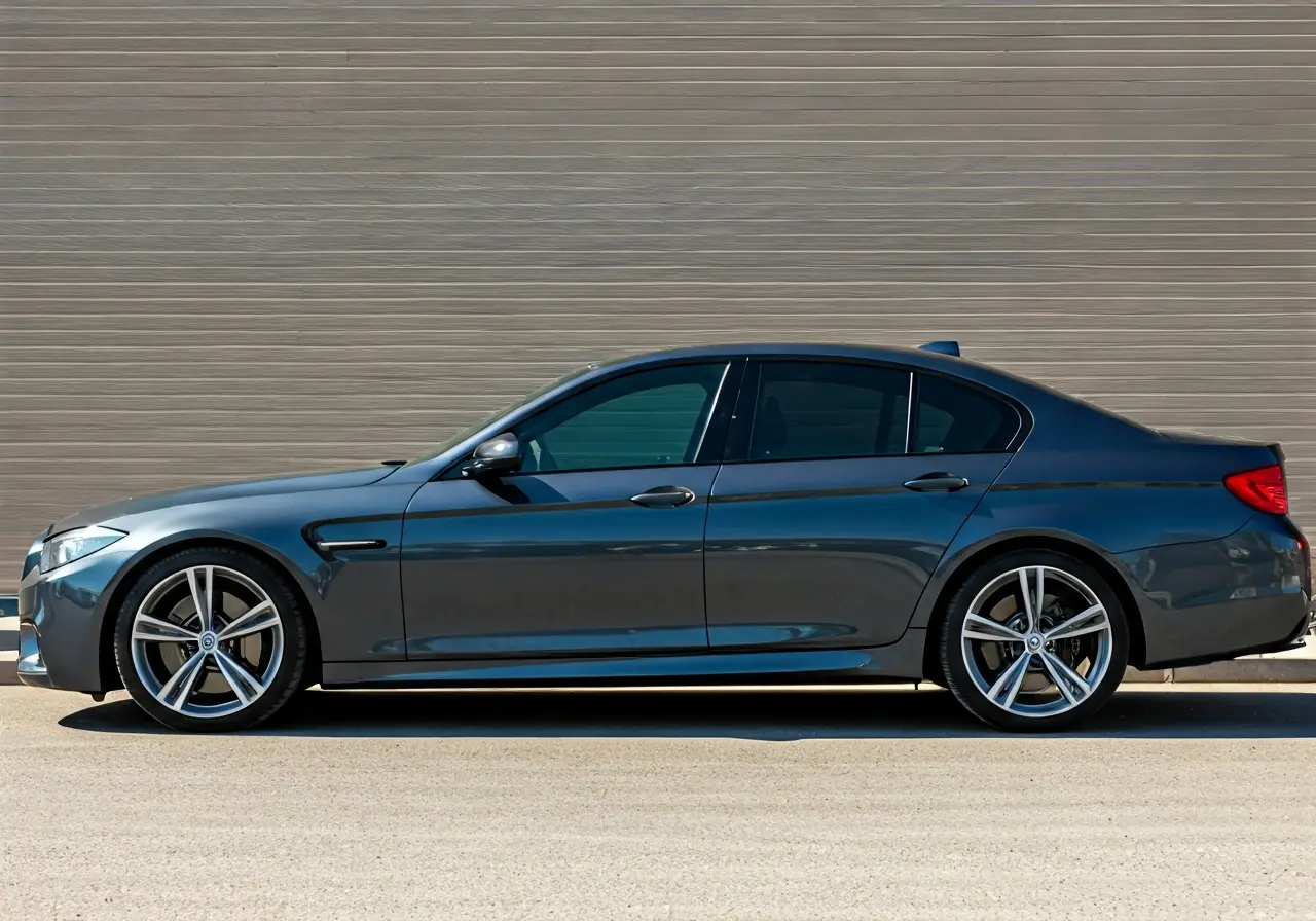 A sleek car with tinted windows parked on a sunny street. 35mm stock photo