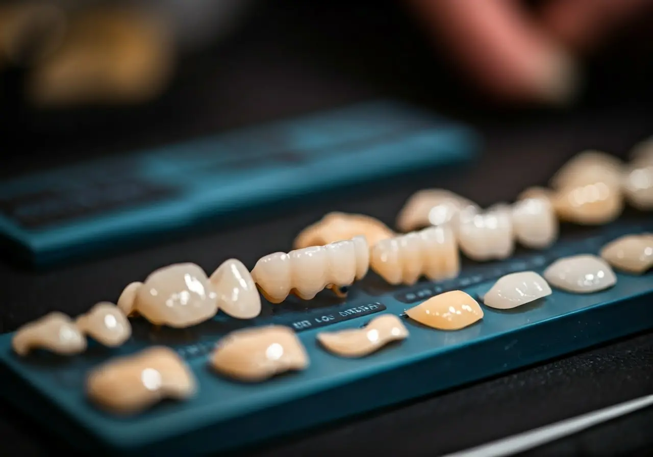 A close-up of various dental veneers displayed on a table. 35mm stock photo