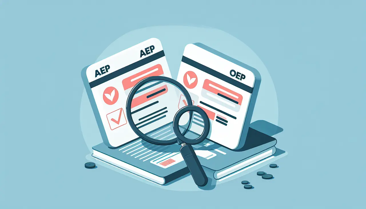 Draw a graphic in flat design style. Illustration of two simplified health insurance cards labeled AEP and OEP side by side, with a magnifying glass highlighting differences, on a clean, uncluttered background.