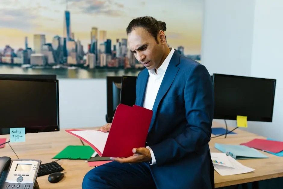 Businessman in an office reviewing documents with a serious expression, surrounded by computers and paperwork. how to start a business