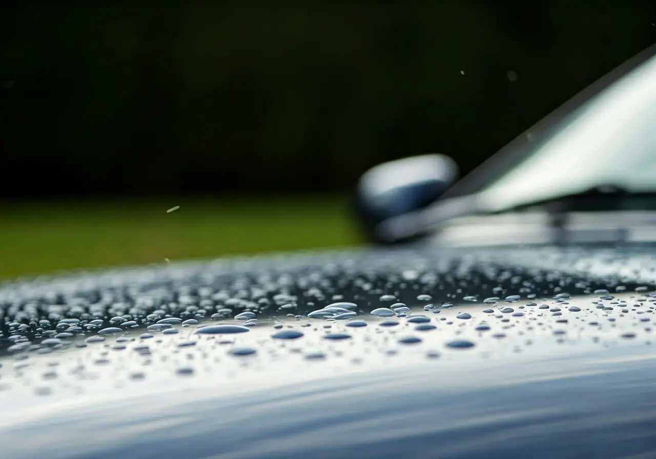 A shiny car with a water droplet sliding off surface. 35mm stock photo
