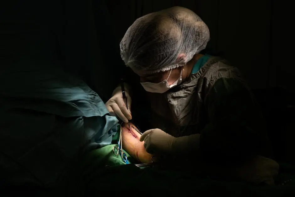 Close-up of a surgeon performing a procedure under focused light in an operating room.