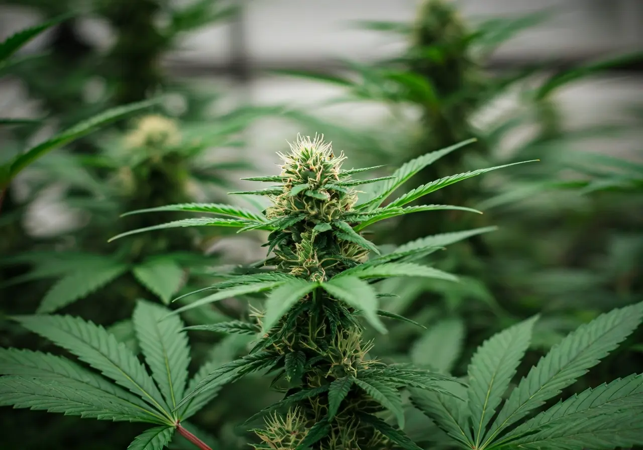 A close-up of cannabis plants in a modern greenhouse. 35mm stock photo